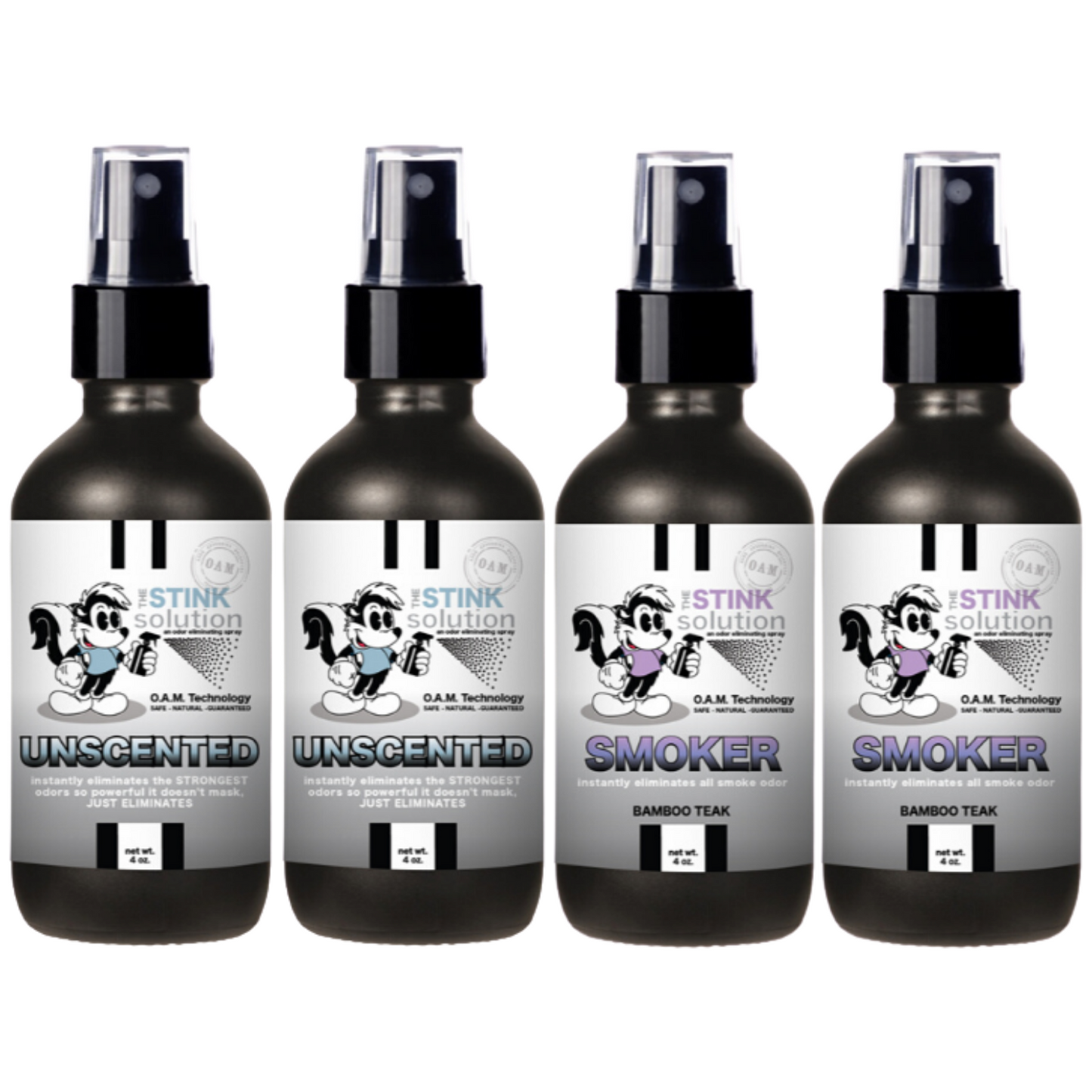 4 oz. Odor Sampler Set: 4 Odor Eliminating Sprays (2 Smoker Bamboo Teak and 2 Unscented). Natural, safe, non-toxic, enzyme-free odor eliminating spray. Multi-purpose use for any odor: smoke, urine, food, sweat, and more. Safe to spray anywhere: homes, cars, furniture, bathroom, carpet, and more.