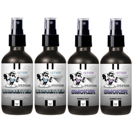 4 oz. Odor Sampler Set: 4 Odor Eliminating Sprays (2 Smoker Bamboo Teak and 2 Unscented). Natural, safe, non-toxic, enzyme-free odor eliminating spray. Multi-purpose use for any odor: smoke, urine, food, sweat, and more. Safe to spray anywhere: homes, cars, furniture, bathroom, carpet, and more.
