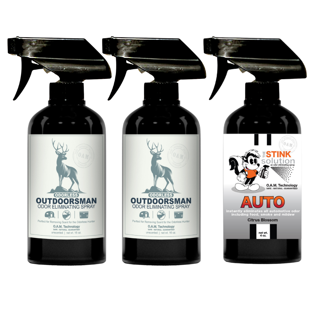 Three Pack - Two Odorless Outdoorsman Odor Eliminating Sprays + One Spray of Choice 16 oz