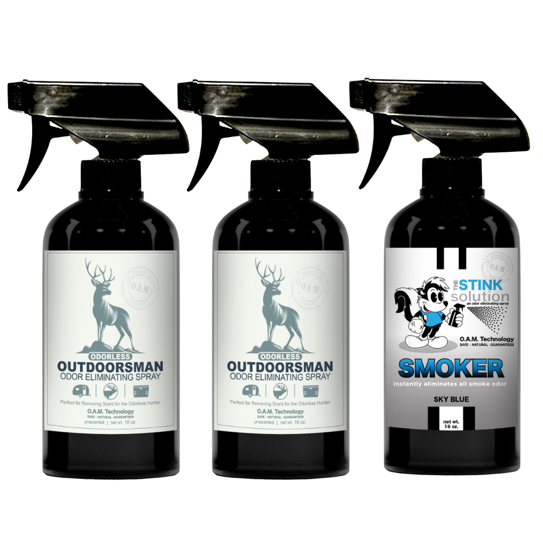 Three Pack - Two Odorless Outdoorsman Odor Eliminating Sprays + One Spray of Choice 16 oz