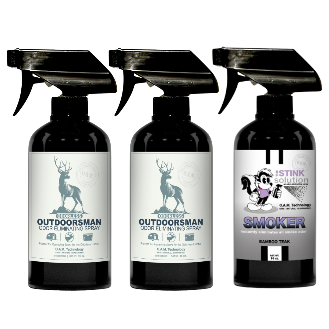 Three Pack - Two Odorless Outdoorsman Odor Eliminating Sprays + One Spray of Choice 16 oz