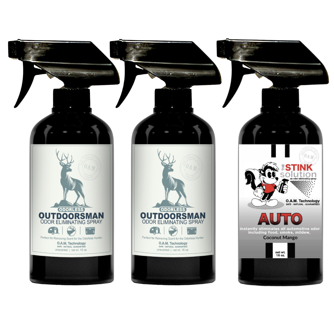 Three Pack - Two Odorless Outdoorsman Odor Eliminating Sprays + One Spray of Choice 16 oz