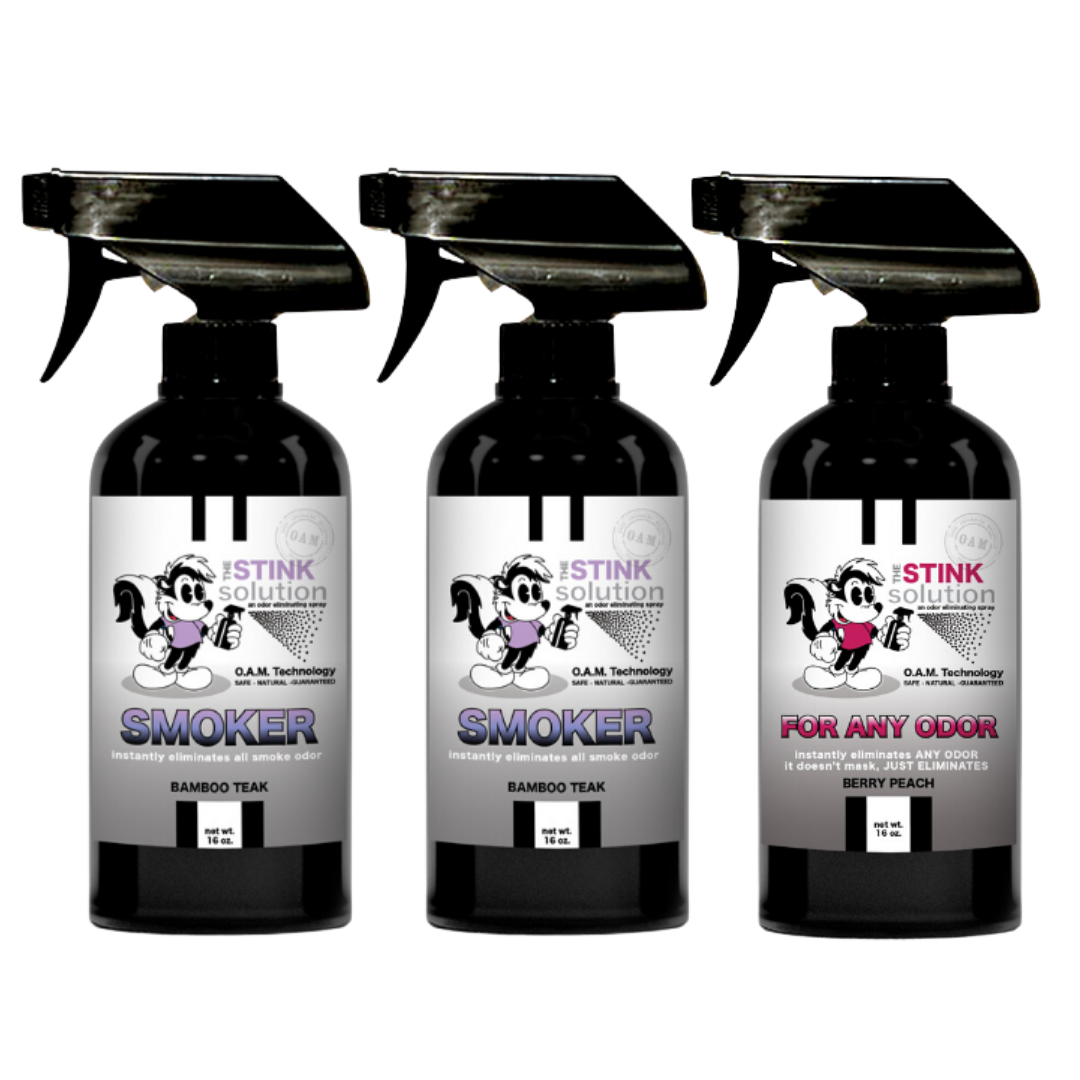 Buy 2 Get 1 FREE - Two Smoke Odor Eliminating Sprays (Bamboo Teak) + One For Any Odor Eliminating Spray (Berry Peach) 16 oz