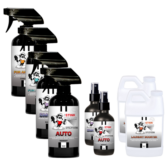 Buy 4 Get Super Sample Bundle FREE - 1 Citrus Orange (16 oz), 1 Tranquility (16 oz), 1 Smoke Odor Eliminator (16 oz), 1 Auto Odor Eliminator (16 oz), 1 Smoke Odor Eliminator (4 oz), 1 Auto Odor Eliminator (4 oz), + 2 Unscented Mini Laundry Boosters. Natural, safe, non-toxic, enzyme-free odor eliminating spray. Multi-purpose use for any odor: smoke, urine, food, sweat, and more. Safe to spray anywhere: homes, cars, furniture, bathroom, carpet, and more.