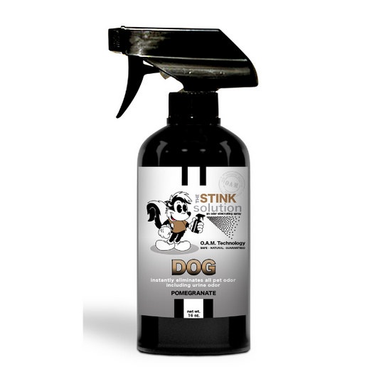 The Stink Solution Dog Pomegranate Odor Eliminating Spray 16 oz Natural, safe, non-toxic, enzyme-free odor eliminating spray. Multi-purpose use for any odor: smoke, urine, food, sweat, and more. Safe to spray anywhere: homes, cars, furniture, bathroom, carpet, and more.