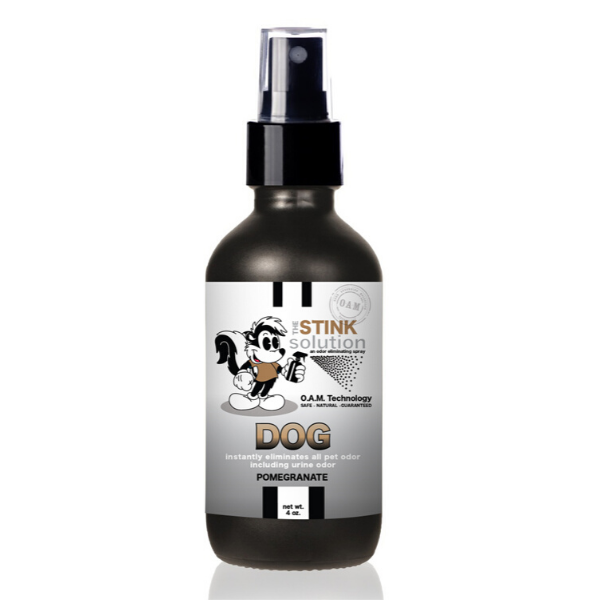 The Stink Solution Dog Pomegranate Odor Eliminating Spray 4 oz Natural, safe, non-toxic, enzyme-free odor eliminating spray. Multi-purpose use for any odor: smoke, urine, food, sweat, and more. Safe to spray anywhere: homes, cars, furniture, bathroom, carpet, and more.