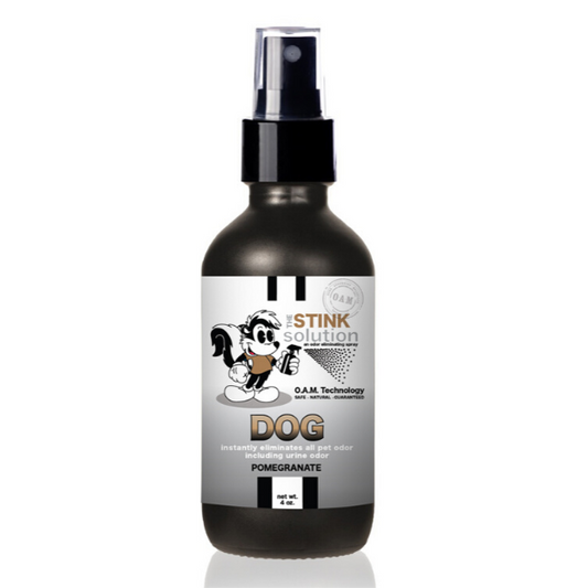 The Stink Solution Dog Pomegranate Odor Eliminating Spray 4 oz Natural, safe, non-toxic, enzyme-free odor eliminating spray. Multi-purpose use for any odor: smoke, urine, food, sweat, and more. Safe to spray anywhere: homes, cars, furniture, bathroom, carpet, and more.