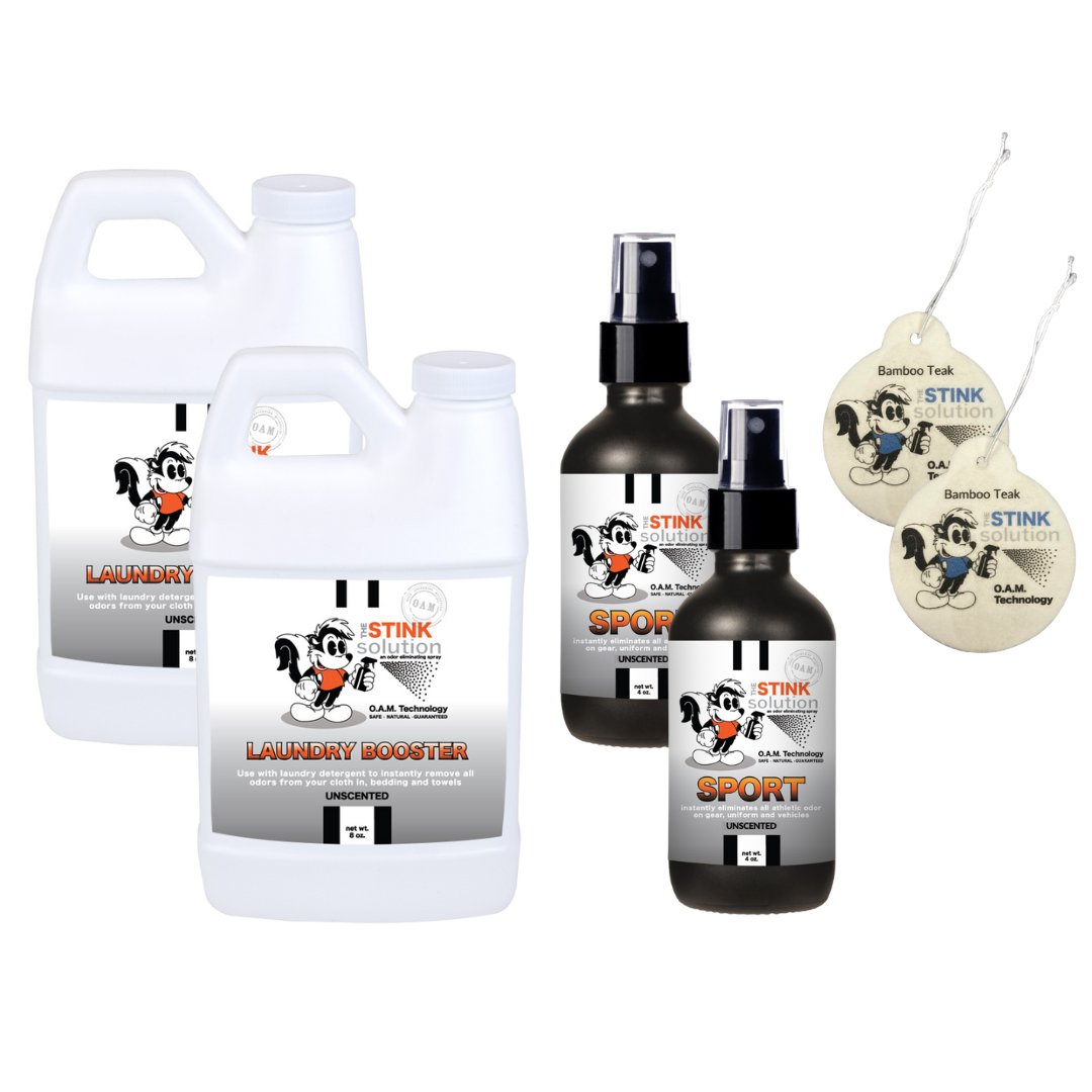 Super Sample Bundle - 2 Mini Laundry Boosters, Two 4 oz Sports Odor Eliminating Sprays + 2 Car Air Fresheners