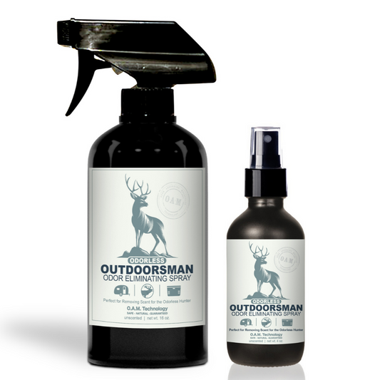 Odorless Outdoorsman 16 oz and 4 oz Bundle Unscented Odor Eliminator. Natural, safe, non-toxic, enzyme-free odor eliminating spray. Multi-purpose use for any odor: smoke, urine, food, sweat, and more. Safe to spray anywhere: homes, cars, furniture, bathroom, carpet, and more.
