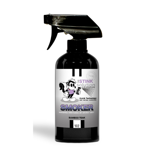The Stink Solution Smoker Bamboo Teak Odor Eliminating Spray 16 oz Natural, safe, non-toxic, enzyme-free odor eliminating spray. Multi-purpose use for any odor: smoke, urine, food, sweat, and more. Safe to spray anywhere: homes, cars, furniture, bathroom, carpet, and more.