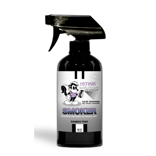 The Stink Solution Smoker Bamboo Teak Odor Eliminating Spray 16 oz Natural, safe, non-toxic, enzyme-free odor eliminating spray. Multi-purpose use for any odor: smoke, urine, food, sweat, and more. Safe to spray anywhere: homes, cars, furniture, bathroom, carpet, and more.