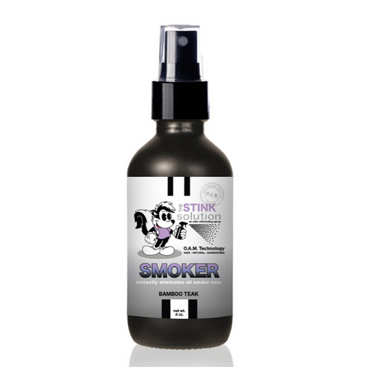 The Stink Solution Smoker Bamboo Teak Odor Eliminating Spray 4 oz Natural, safe, non-toxic, enzyme-free odor eliminating spray. Multi-purpose use for any odor: smoke, urine, food, sweat, and more. Safe to spray anywhere: homes, cars, furniture, bathroom, carpet, and more.