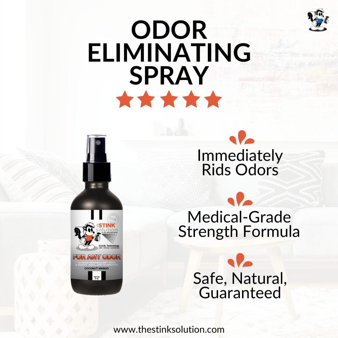 The Stink Solution Coconut Mango Odor Eliminating Spray 4 oz Natural, safe, non-toxic, enzyme-free odor eliminating spray. Multi-purpose use for any odor: smoke, urine, food, sweat, and more. Safe to spray anywhere: homes, cars, furniture, bathroom, carpet, and more.