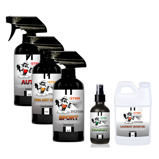 Buy 3 Get Sample Bundle FREE - 1 Citrus Orange (16 oz), 1 Auto Odor Eliminator (16 oz), 1 Sport Odor Eliminator (16 oz), 1 Coconut Lime Hockey (4 oz), + 1 Unscented Mini Laundry Booster. Natural, safe, non-toxic, enzyme-free odor eliminating spray. Multi-purpose use for any odor: smoke, urine, food, sweat, and more. Safe to spray anywhere: homes, cars, furniture, bathroom, carpet, and more.