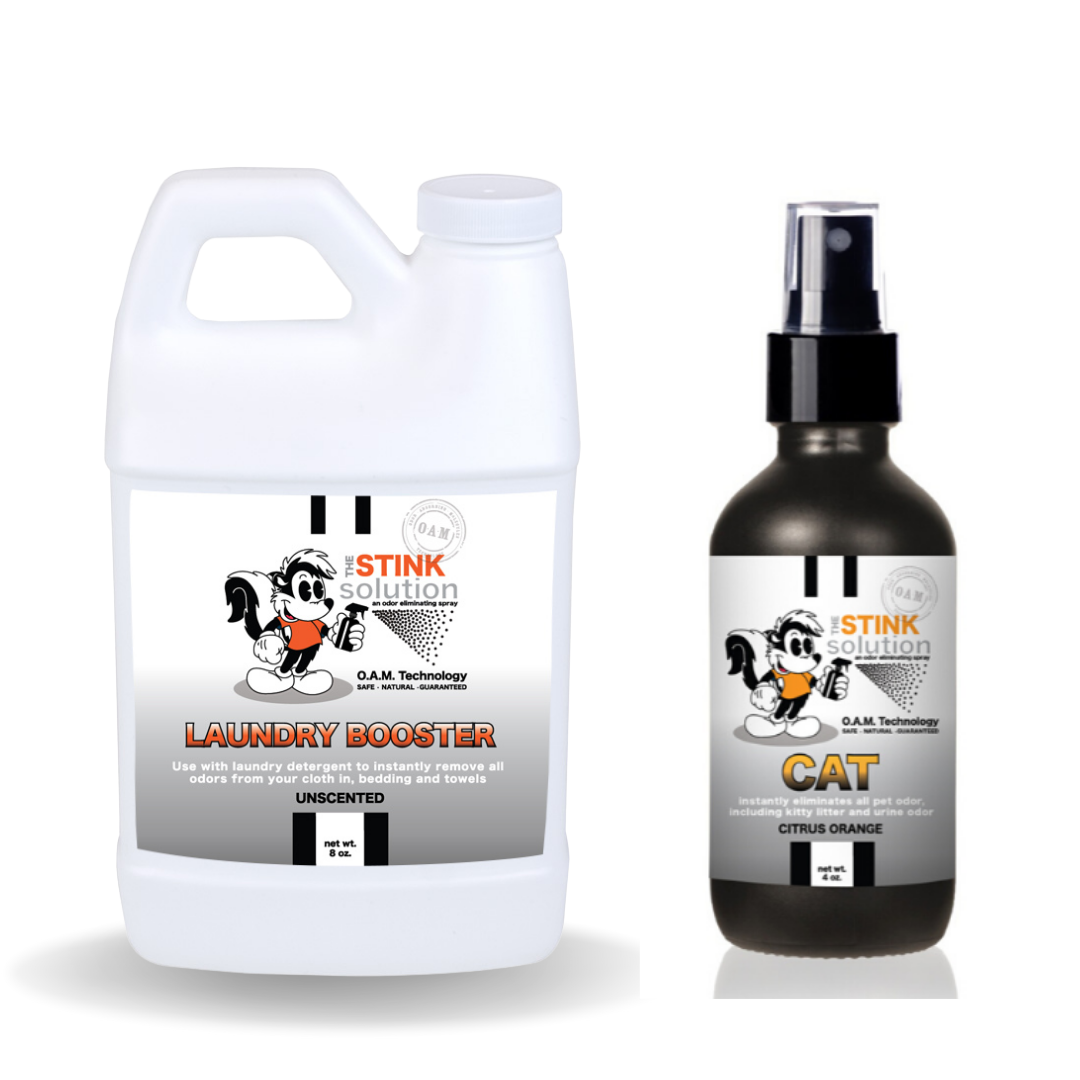 Sample Bundle - 1 Unscented Mini Laundry Booster + 1 Cat Odor Eliminator 4 oz (Citrus Orange Fragrance). Natural, safe, non-toxic, enzyme-free odor eliminating spray. Multi-purpose use for any odor: smoke, urine, food, sweat, and more. Safe to spray anywhere: homes, cars, furniture, bathroom, carpet, and more.