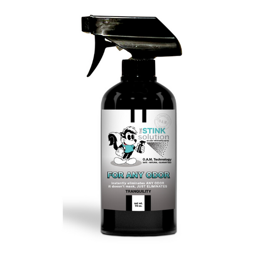 The Stink Solution Tranquility Odor Eliminating Spray 16 oz Natural, safe, non-toxic, enzyme-free odor eliminating spray. Multi-purpose use for any odor: smoke, urine, food, sweat, and more. Safe to spray anywhere: homes, cars, furniture, bathroom, carpet, and more.