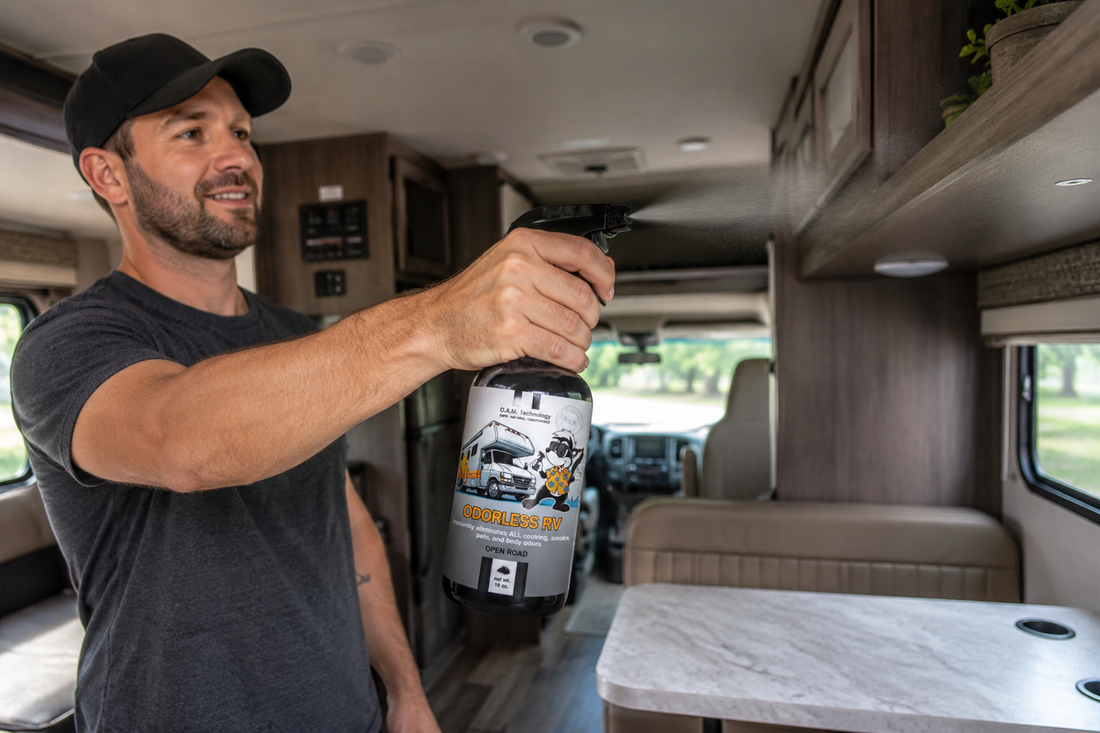 RV smells like mildew, musty camper smell, stale RV smell after storage, how to get musty smell out of camper