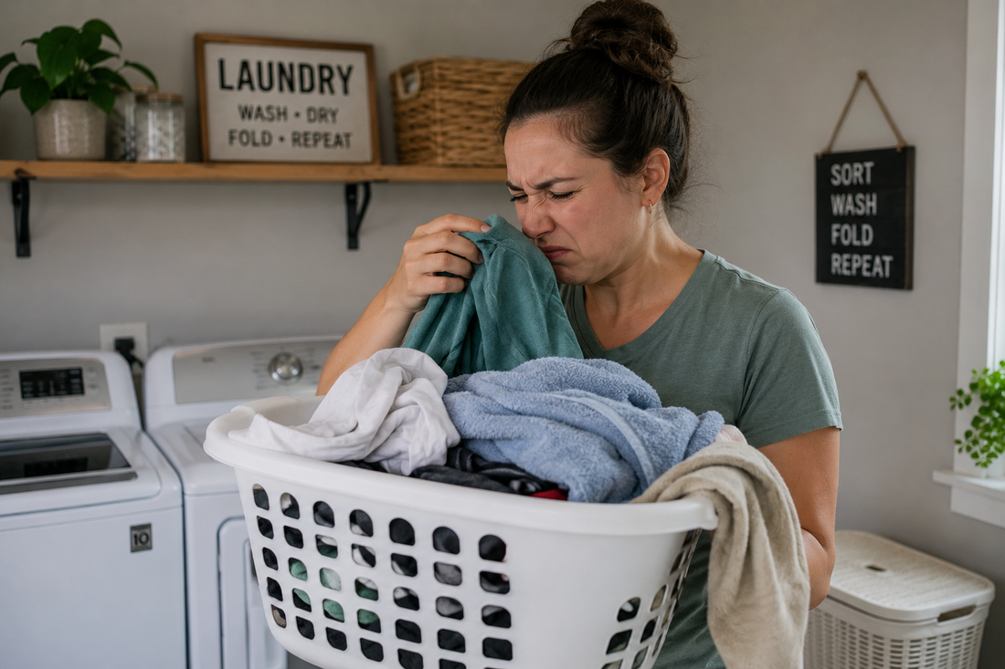 clean laundry still smells, towels smell sour after washing, gym clothes smell after wash, musty laundry, laundry odor booster