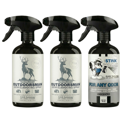 Three Pack - Two Odorless Outdoorsman Odor Eliminating Sprays + One Spray of Choice 16 oz