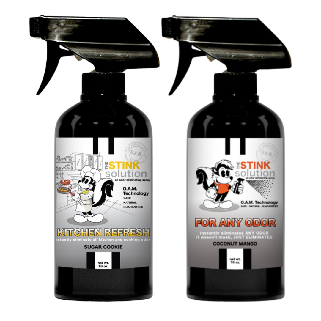 Kitchen Odor Eliminating Spray that gets rid of smells from cooking, fish, food, smoke, and more. It works on kitchen sinks, ovens, counters, and more. Safe, natural, non-toxic formula that works instantly.