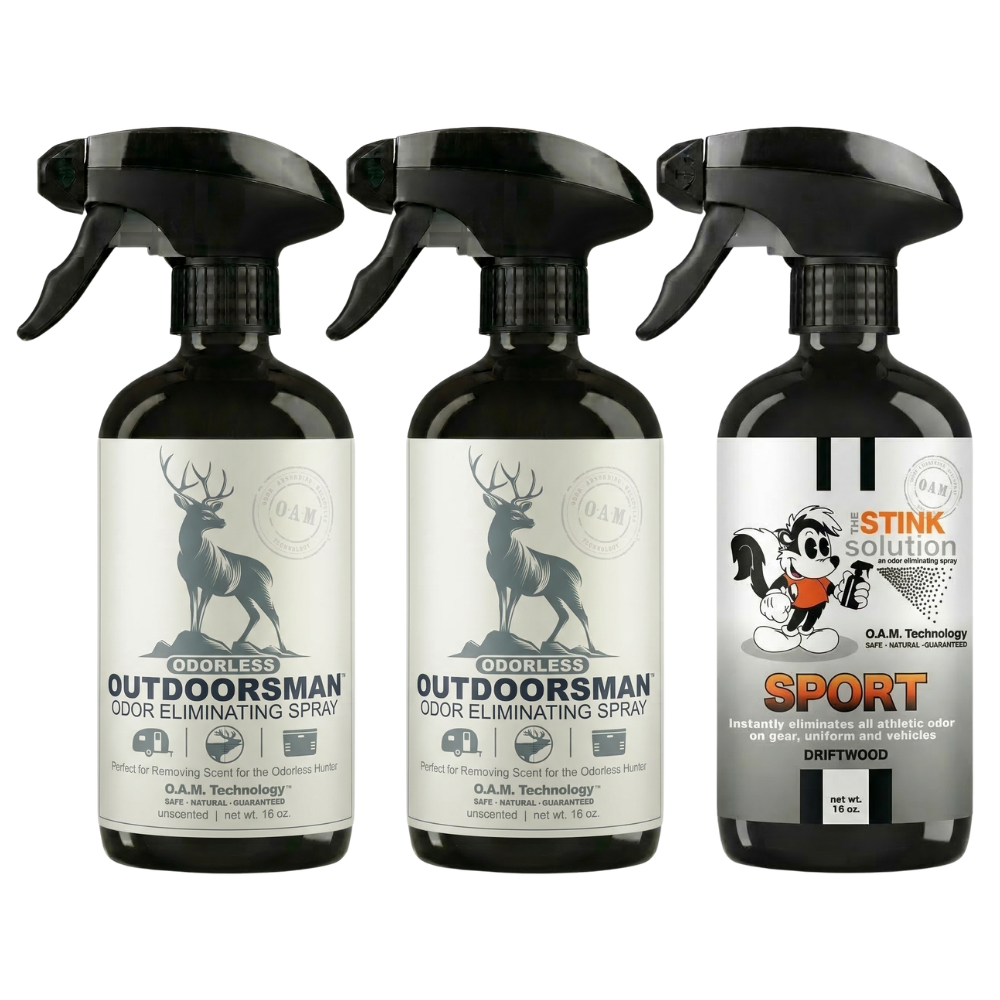Three Pack - Two Odorless Outdoorsman Odor Eliminating Sprays + One Spray of Choice 16 oz