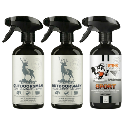 Three Pack - Two Odorless Outdoorsman Odor Eliminating Sprays + One Spray of Choice 16 oz