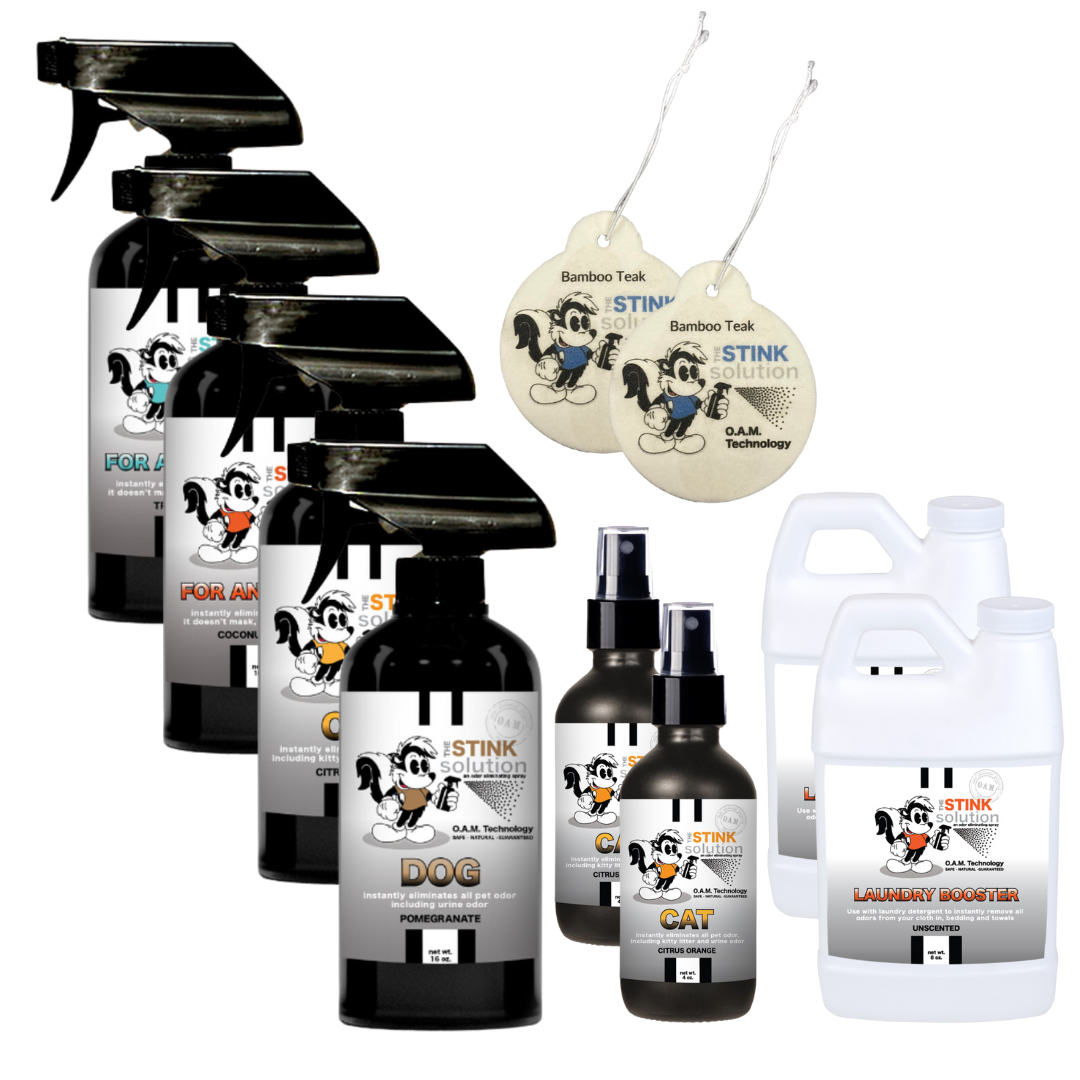 Buy 4 Get Super Sample Bundle FREE - 1 Tranquility (16 oz), 1 Coconut Mango (16 oz), 1 Dog Pomegranate (16 oz), 1 Cat Citrus Orange (16 oz), 1 Dog Pomegranate (4 oz), 1 Cat Citrus Orange (4 oz), 2 Unscented Mini Laundry Boosters + 2 Car Air Fresheners