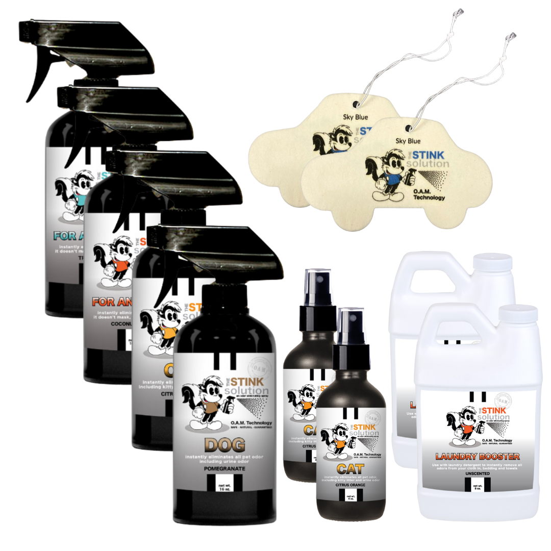 Buy 4 Get Super Sample Bundle FREE - 1 Tranquility (16 oz), 1 Coconut Mango (16 oz), 1 Dog Pomegranate (16 oz), 1 Cat Citrus Orange (16 oz), 1 Dog Pomegranate (4 oz), 1 Cat Citrus Orange (4 oz), 2 Unscented Mini Laundry Boosters + 2 Car Air Fresheners