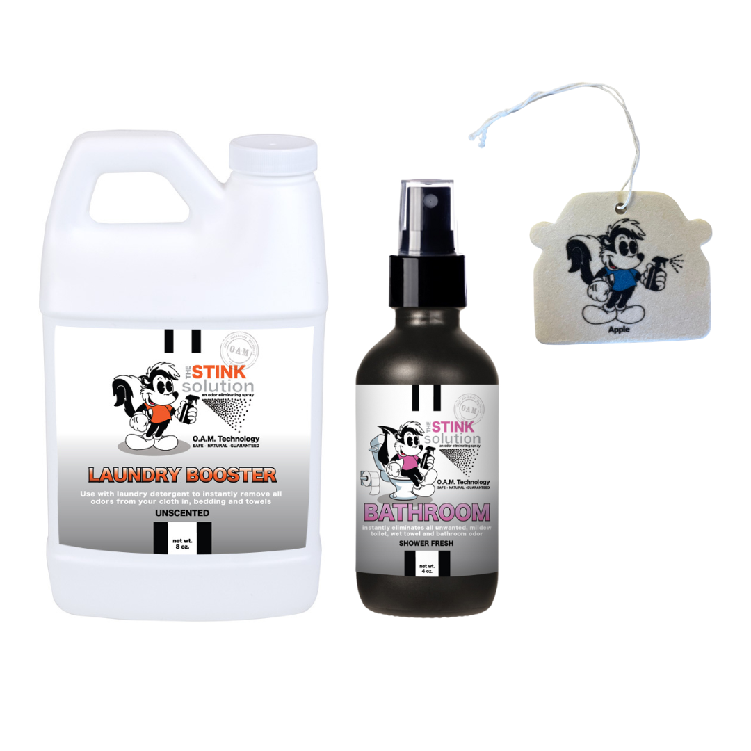 Sample Bundle - 1 Unscented Mini Laundry Booster, 1 Bathroom Odor Eliminator 4 oz (Shower Fresh Fragrance) + 1 Car Air Freshener