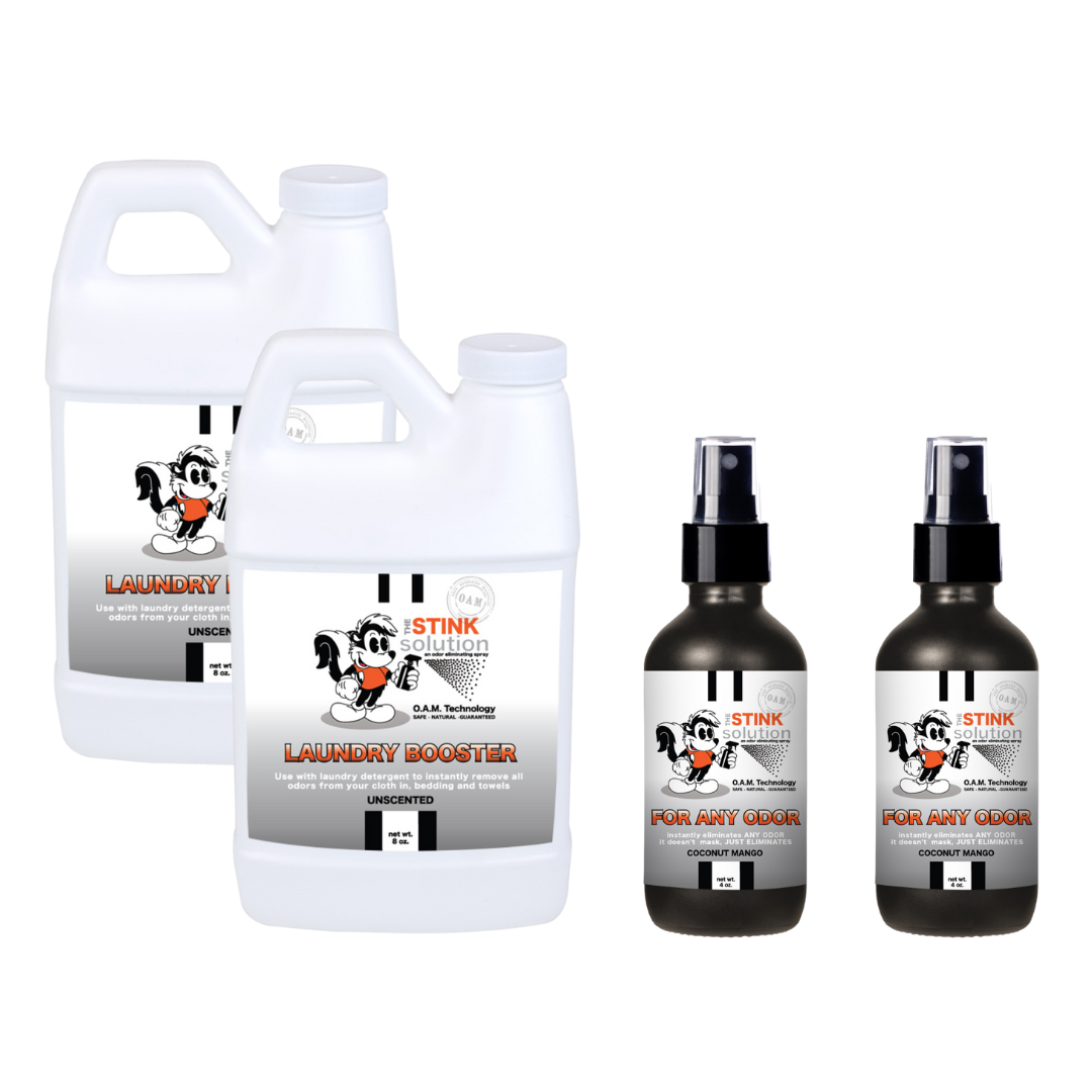 Super Sample Bundle - Two Unscented Mini Laundry Boosters + Two 4 oz For Any Odor Eliminator Sprays