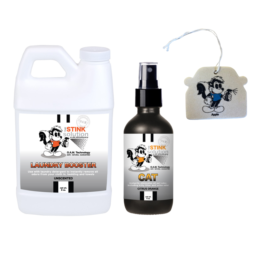 Sample Bundle - 1 Unscented Mini Laundry Booster, 1 Cat Odor Eliminator 4 oz (Citrus Orange Fragrance) + 1 Car Air Freshener