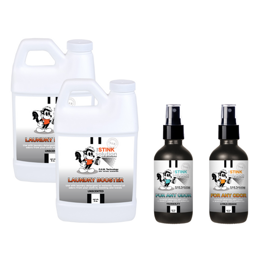 Super Sample Bundle - Two Unscented Mini Laundry Boosters + Two 4 oz For Any Odor Eliminator Sprays
