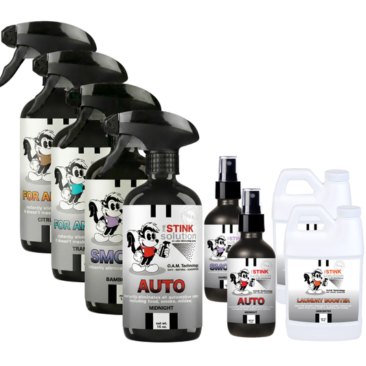 Buy 4 Get Super Sample Bundle FREE - 1 Citrus Orange (16 oz), 1 Tranquility (16 oz), 1 Smoke (16 oz), 1 Auto (16 oz), 1 Smoke (4 oz), 1 Auto (4 oz), + 2 Unscented Mini Laundry Boosters