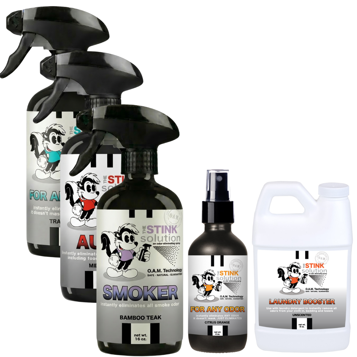 Buy 3 Get Sample Bundle FREE - 1 Tranquility (16 oz), 1 Auto Midnight Odor Eliminator (16 oz), 1 Smoke Bamboo Teak Odor Eliminator (16 oz), 1 Citrus Orange (4 oz), + 1 Unscented Mini Laundry Booster
