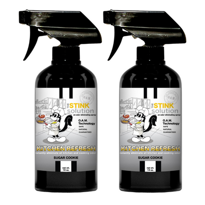 Kitchen Odor Eliminating Spray that gets rid of smells from cooking, fish, food, smoke, and more. It works on kitchen sinks, ovens, counters, and more. Safe, natural, non-toxic formula that works instantly.