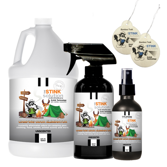 Experience odor-free camping with The Stink Solution's Camping Odor Eliminating Spray. Tackle tough outdoor odors effortlessly with our natural, non-toxic, and biodegradable formula. Say goodbye to unwanted smells and hello to freshness. 100% safe for all, backed by a money-back guarantee. Made in the USA.