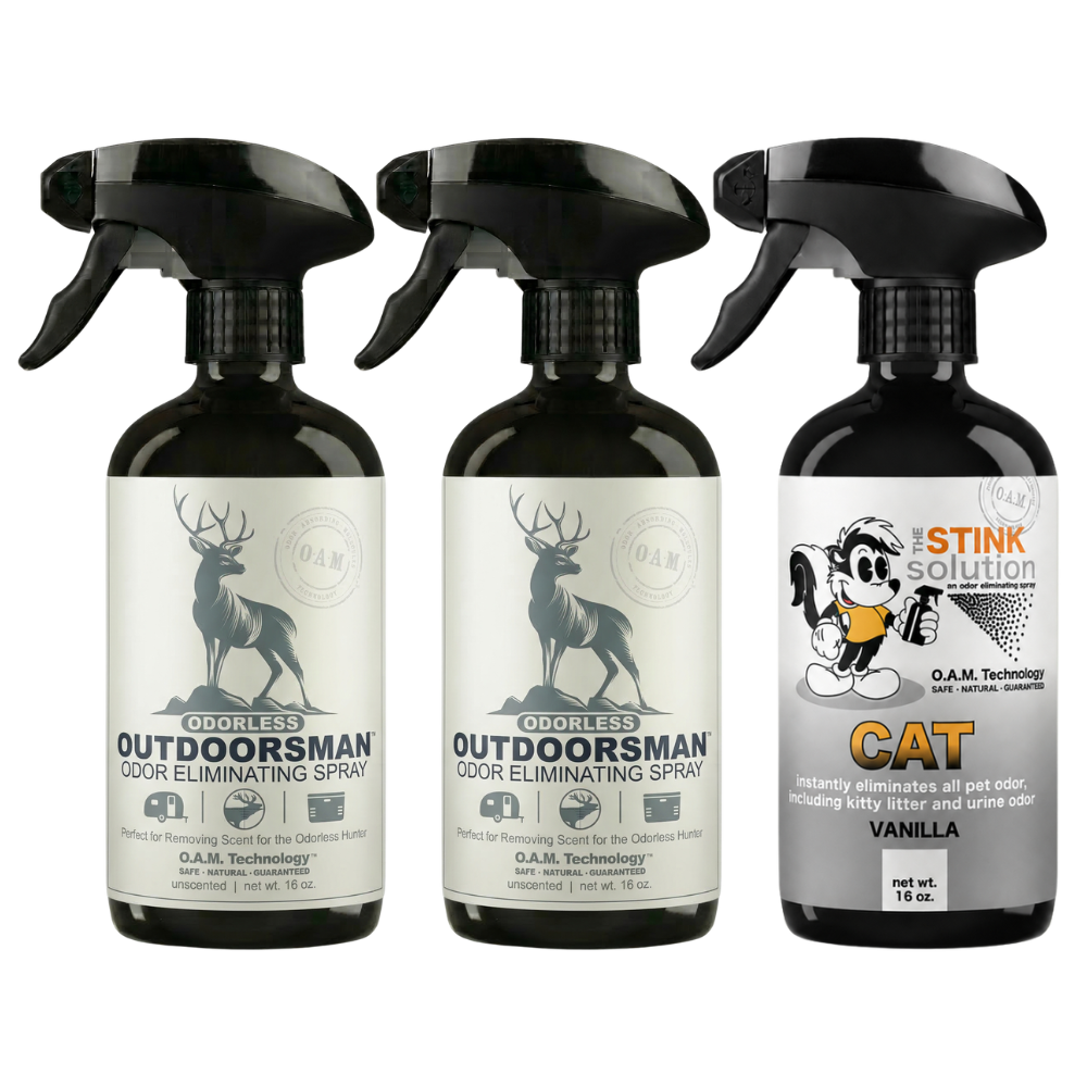 Three Pack - Two Odorless Outdoorsman Odor Eliminating Sprays + One Spray of Choice 16 oz