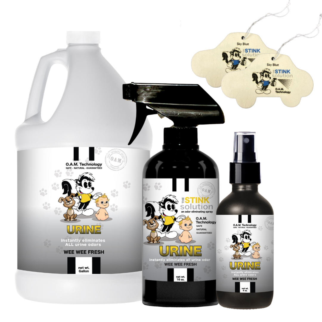 Triple Pack Urine Odor Eliminating Spray in Wee Wee Fresh Gallon, 16 oz, and 4 oz Bundle + 2 FREE Car Air Fresheners