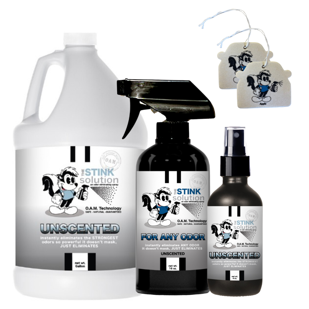 Triple Pack For Any Odor Odor Eliminating Spray Gallon, 16 oz. and 4 oz Bundle + 2 FREE Car Air Fresheners