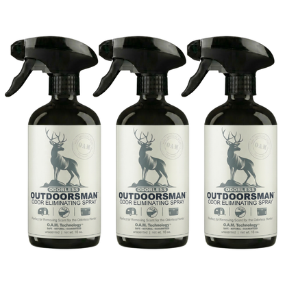 Three Pack - Two Odorless Outdoorsman Odor Eliminating Sprays + One Spray of Choice 16 oz