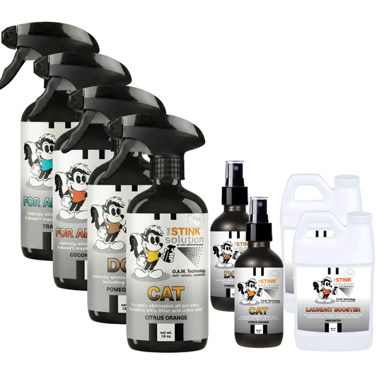 Buy 4 Get Super Sample Bundle FREE - 1 Coconut Mango (16 oz), 1 Tranquility (16 oz), 1 Dog (16 oz), Cat (16 oz), 1 Dog (4 oz), 1 Cat (4 oz), + 2 Unscented Mini Laundry Boosters | Odor Eliminating Spray