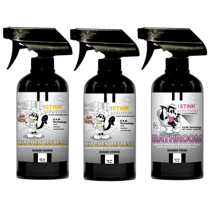 Kitchen Odor Eliminating Spray that gets rid of smells from cooking, fish, food, smoke, and more. It works on kitchen sinks, ovens, counters, and more. Safe, natural, non-toxic formula that works instantly.
