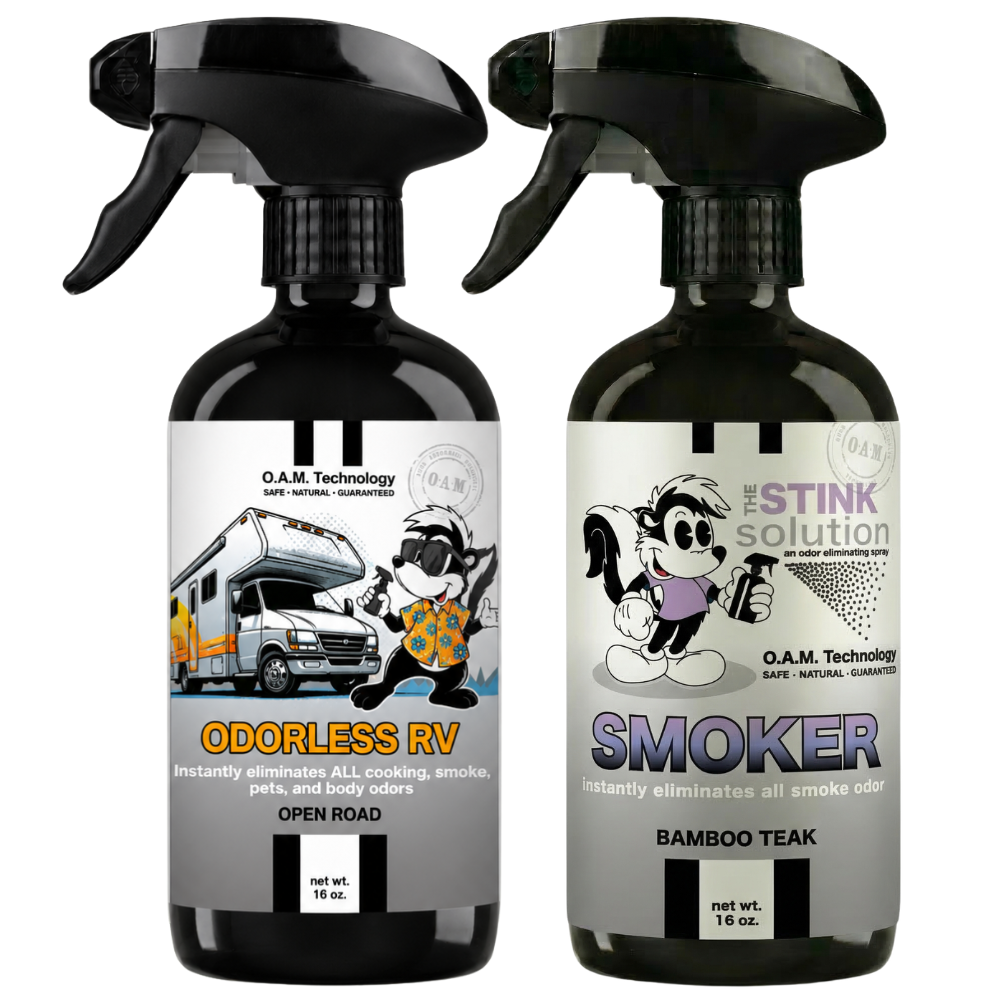 Double Pack - One Odorless RV Open Road, One Smoker Bamboo Teak 16 oz Sprays | Odor Eliminating Spray