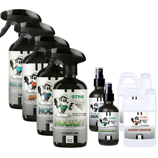 Buy 4 Get Super Sample Bundle FREE - 1 Tranquility (16 oz), 1 Sport (16 oz), 2 Hockey in Coconut Lime & Unscented (16 oz), 1 Sport (4 oz), 1 Coconut Lime Hockey (4 oz), + 2 Unscented Mini Laundry Boosters | Odor Eliminating Spray