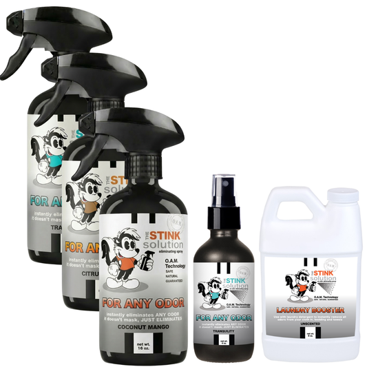 Buy 3 Get Sample Bundle FREE - 1 Tranquility (16 oz), 1 Coconut Mango (16 oz), 1 Citrus Orange (16 oz), 1 Tranquility (4 oz), + 1 Unscented Mini Laundry Booster | Odor Eliminating Spray