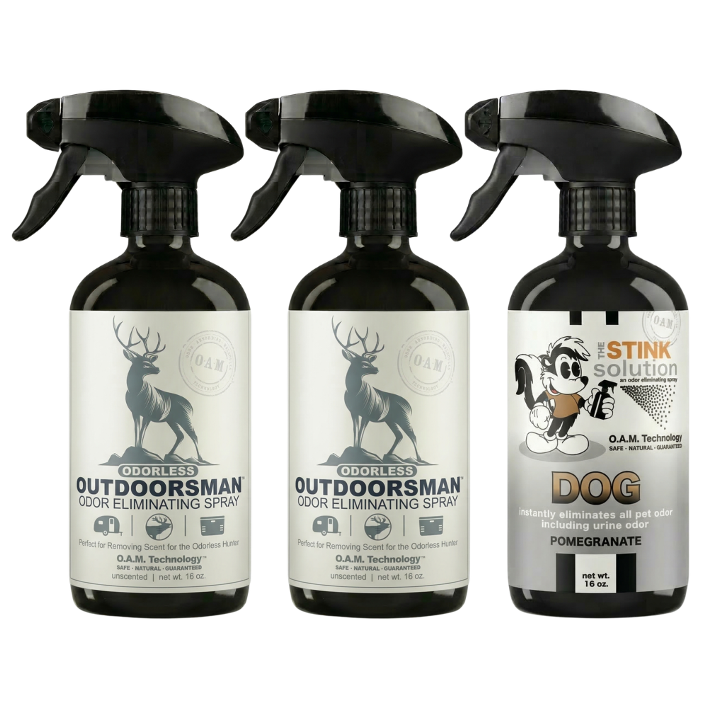 Three Pack - Two Odorless Outdoorsman Odor Eliminating Sprays + One Spray of Choice 16 oz
