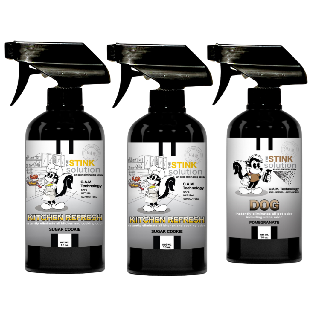 Kitchen Odor Eliminating Spray that gets rid of smells from cooking, fish, food, smoke, and more. It works on kitchen sinks, ovens, counters, and more. Safe, natural, non-toxic formula that works instantly.