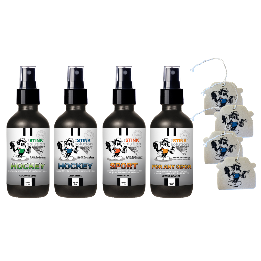 BUY 4 GET 4 Car Air Fresheners - Four 4 oz Odor Eliminating Sprays (1 Hockey Coconut Lime, 1 Hockey Unscented, 1 Sport Driftwood, and 1 Citrus Orange)