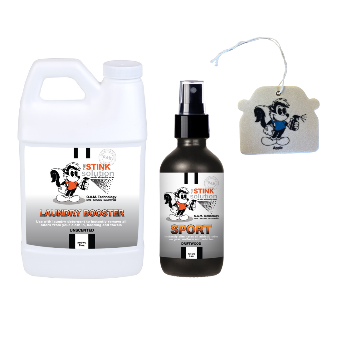 Sample Bundle - 1 Unscented Mini Laundry Booster, 1 Sports Odor Eliminator 4 oz, + 1 Car Air Freshener