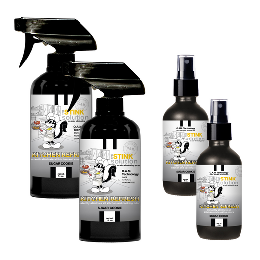 Kitchen Odor Eliminating Spray that gets rid of smells from cooking, fish, food, smoke, and more. It works on kitchen sinks, ovens, counters, and more. Safe, natural, non-toxic formula that works instantly.